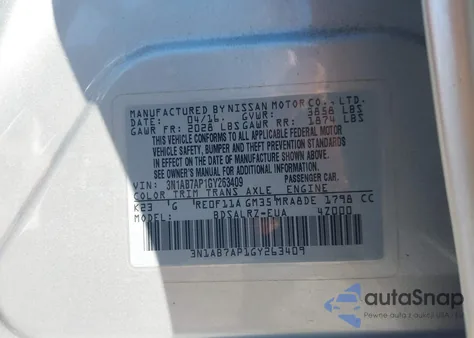 2016 Nissan Sentra Fe+ S/S/Sl/Sr/Sv from USA, damaged, VIN 3N1AB7AP1GY263409